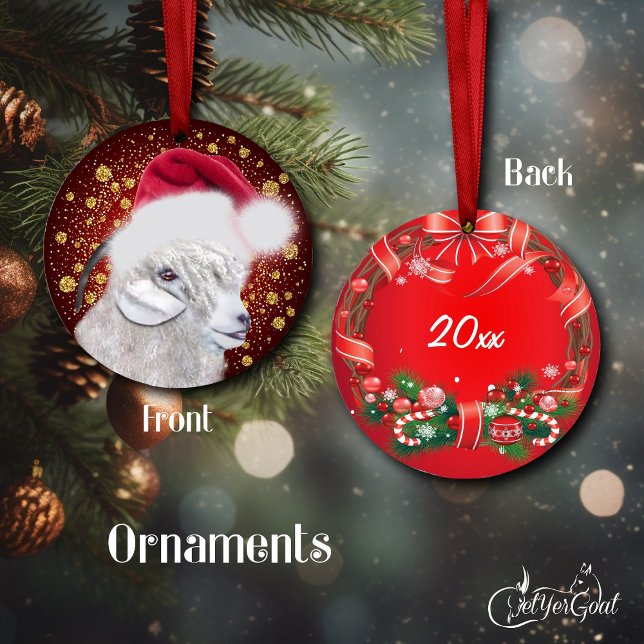 Enfeites de natal Angora Goat Santa Hat (Oil portrait of an Angora goat doe my AngelFace, gold snowflakes, dated on the back #zazzlemade)