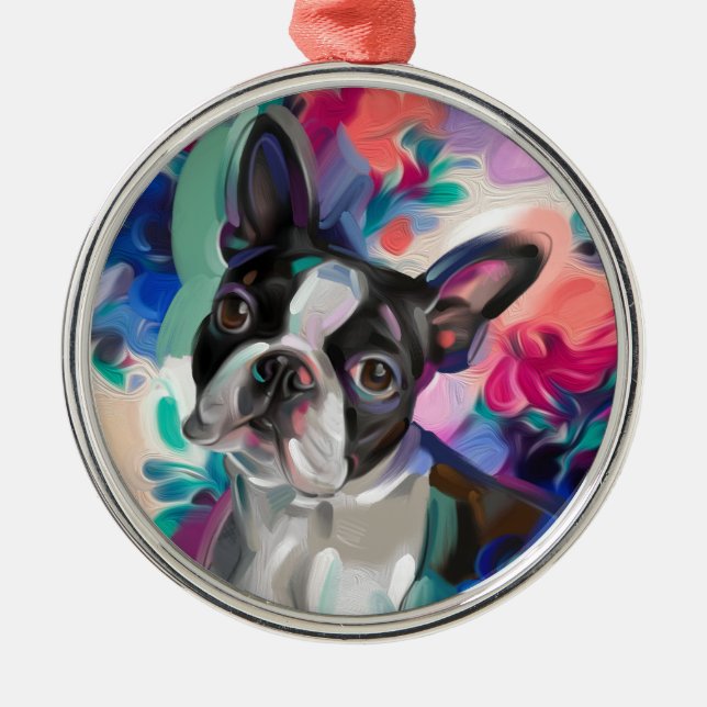 Enfeites de natal de Boston Terrier| Arte floral p (Frente)