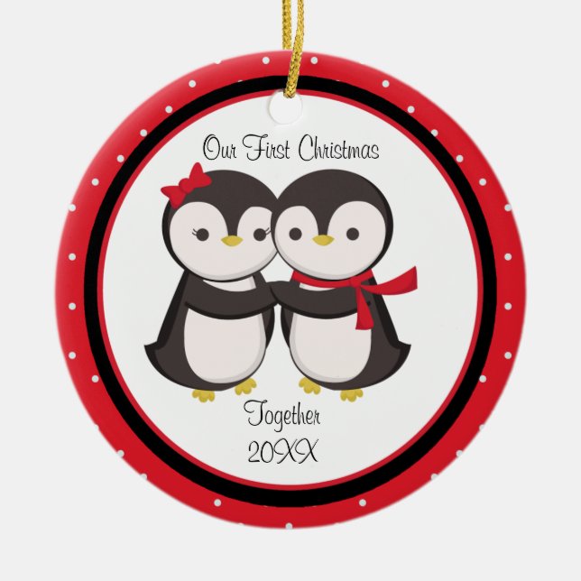 Enfeites de natal de Casal Pinguin Amorador (Frente)