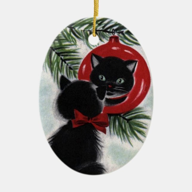 Enfeites de natal de cerâmica para gatos pretos Vi (Frente)