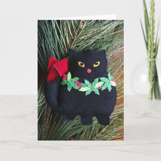 Enfeites de natal de feltro do gato preto, cartão (Frente)