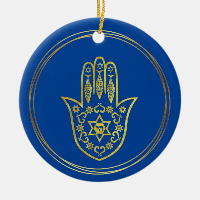 Enfeites de natal de Hamsa Dourado judeu (Frente)