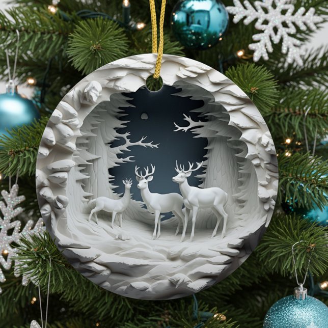 enfeites de natal de Reindeer 3D (3d effect deer reindeer in winter blue white christmas tree ornament )