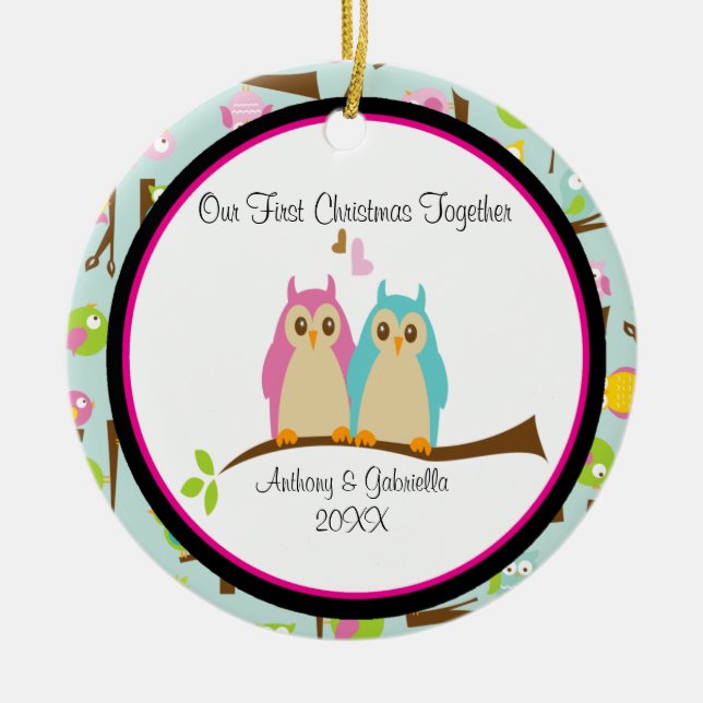 Enfeites de natal do casal das corujas do amor (Frente)