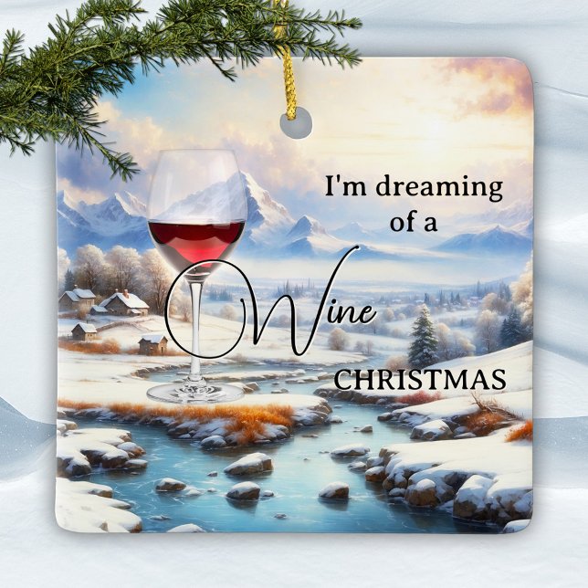 Enfeites de natal Engraçado de Sonho (Funny dreamy wine Christmas ornament
featuring a painting of a winter wonderland with a glass of red)