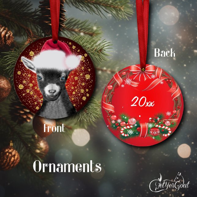 Enfeites de natal Pygmy Goat Santa Hat (Oil portrait of my pygmy goat Spunky , Santa hat and gold snowflakes - dated on back #zazzlemade)