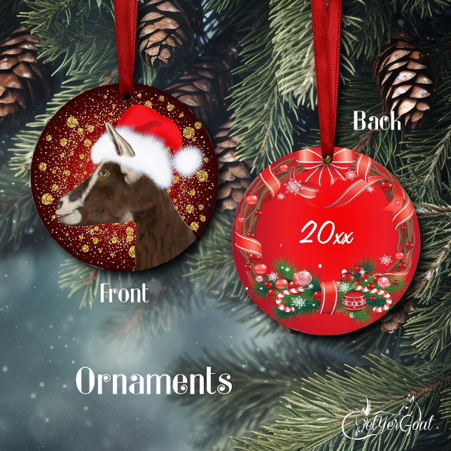 Enfeites de natal Toggenburg Goat Santa Hat (Oil Portrait of my Toggenburg goat, Tawny - Santa hat and gold snowflakes -dated on back #zazzlemade)