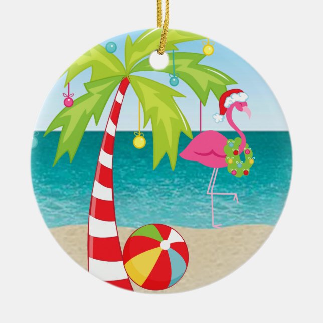 Enfeites de natal Tropical Beach Flamingo Palm (Frente)