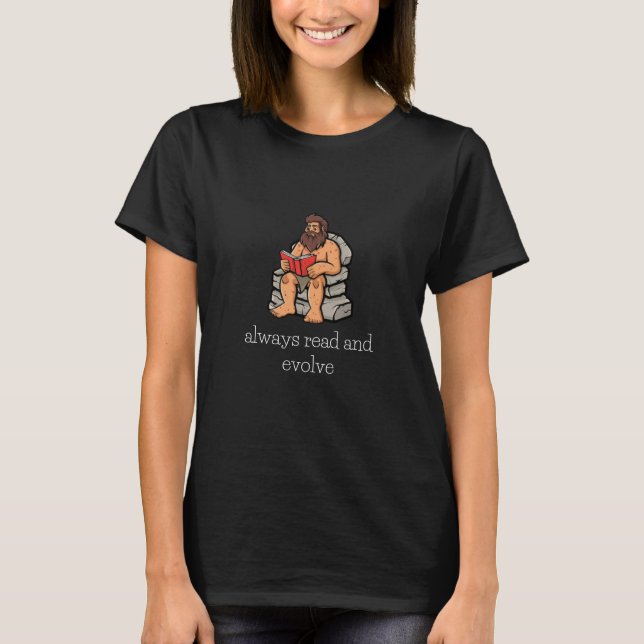 Engraçado Caveman Lendo T-Shirt (Frente)