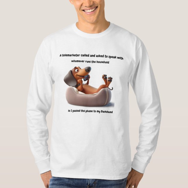 Engraçado Dachshund Telemarketer T-Shirt (Frente)