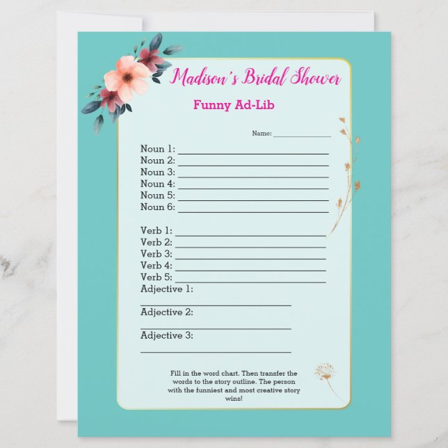 Engraçado jogo de Chá de panela 🎉 Ad-Lib (Frente)