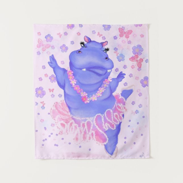 Engraçado Tapeçaria Ballerina Hippo Feliz Dançarin (Frente)