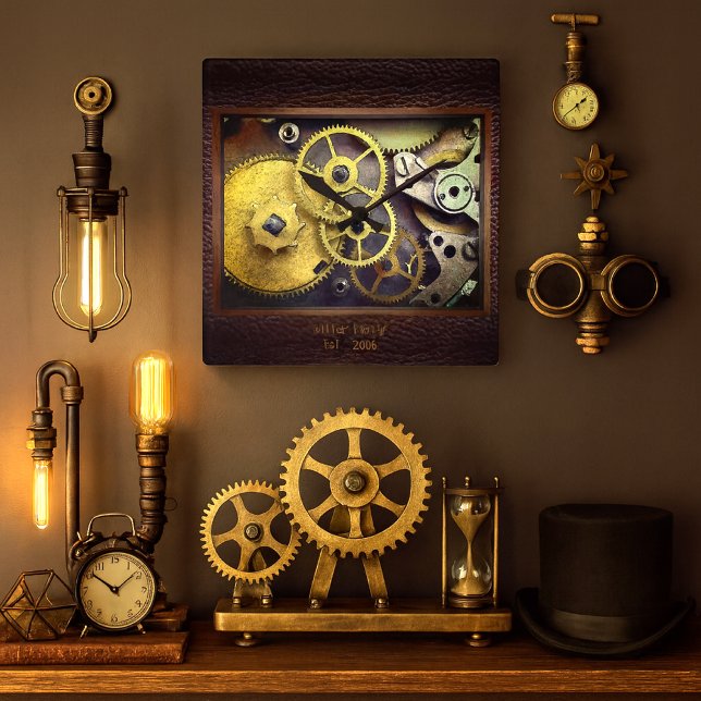 Engrenagens Personalizadas com Relógio de Parede d (Steampunk gear wall clock with personalized family name and date industrial  vintage elegance)