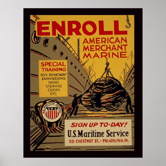 Enroll American Merchant Marine Vintage WPA Poster (Frente)