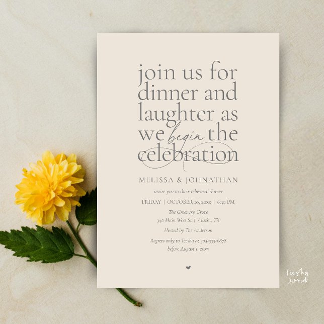 Ensaio Elegante Convite de Jantar Amor & Riso Mini (Modern Elegant Rehearsal Dinner Love & Laughter Celebration begins Invites Card in Cream Grey)