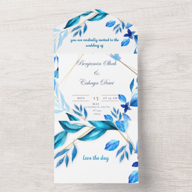 envelope simples convite para casamento azul e bra (Inside)