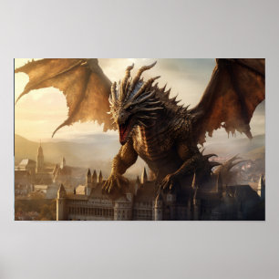 Epic Dragon Sobre a Poster da Cidade Medieval