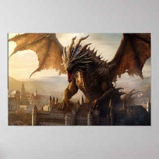 Epic Dragon Sobre a Poster da Cidade Medieval