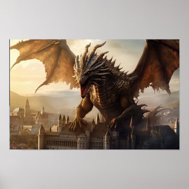 Epic Dragon Sobre a Poster da Cidade Medieval (Frente)