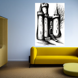 Esboço branco e preto do castelo   AI Art Poster