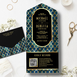 Escamas Douradas Azuis Retro Código QR Casamento A