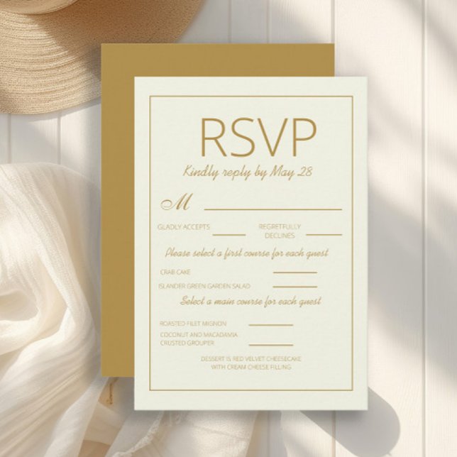 Escolha de RSVP de Refeições de Casamento Dourado  (Gold and white vertical wedding RSVP card)