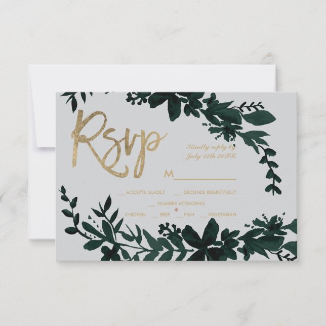 Escrita em ouro Floral cinza verde rsvp casamento (Frente)