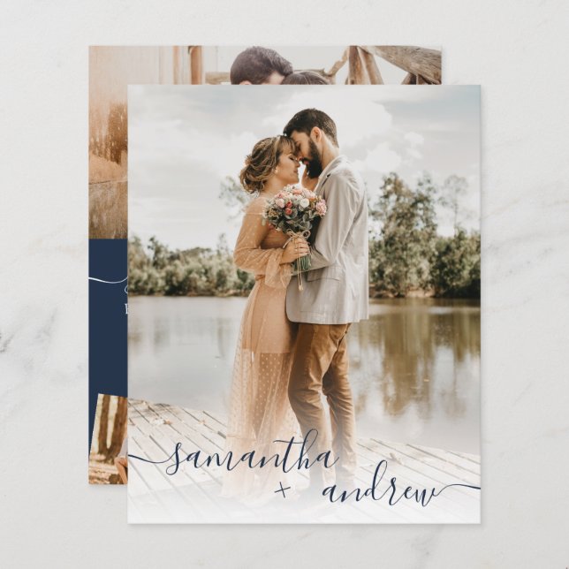 Escrito azul do marinho moderno 5 fotos no casamen (Frente/Verso)