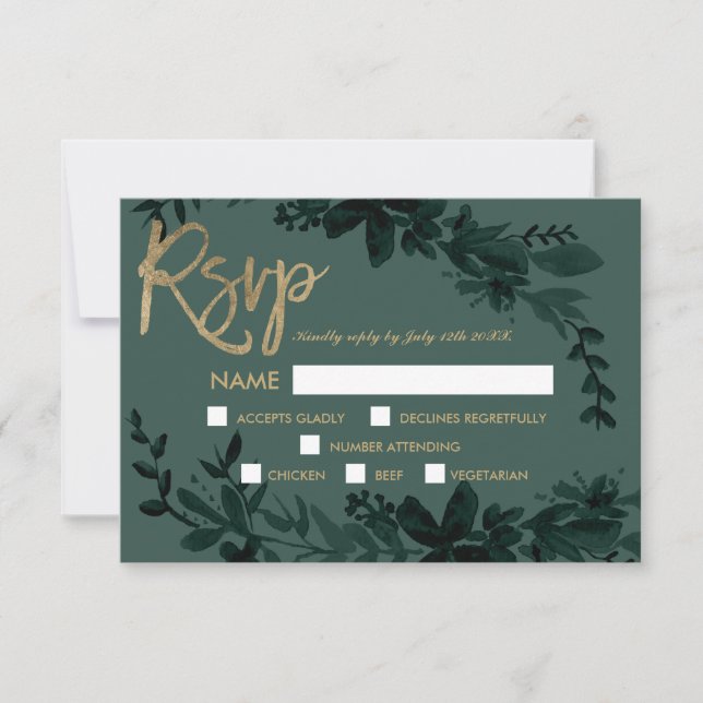Escrito em ouro quente Casamento de rsvp verde ele (Frente)