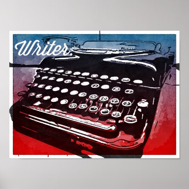 Escritor com Máquina de Escrever Pop Azul Poster (Frente)