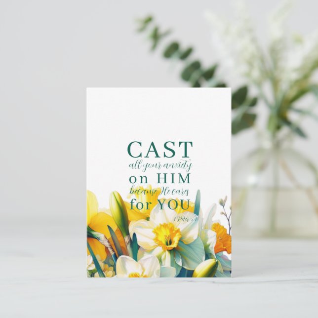 Escritura Floral 1 Peter 5:7 Cartão Postal (Em pé/Frente)
