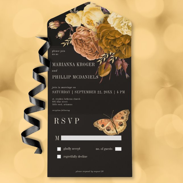 Escuro de outono negro sem Janta (Dark Moody Black Autumn Floral No Dinner All In One Invitation)