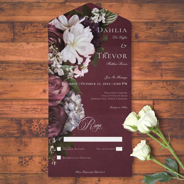 Escuro Elegante Borgonha e Creme Floral Sem Janta (Dark Elegant Burgundy & Cream Floral No Dinner All In One Invitation)