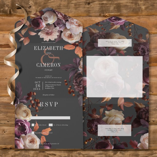 Escuro Moody Fall Burgundy & Cream Peonies Sem Jan (Dark Moody Fall Burgundy & Cream Peonies All In One Wedding Invitation without Dinner Options)