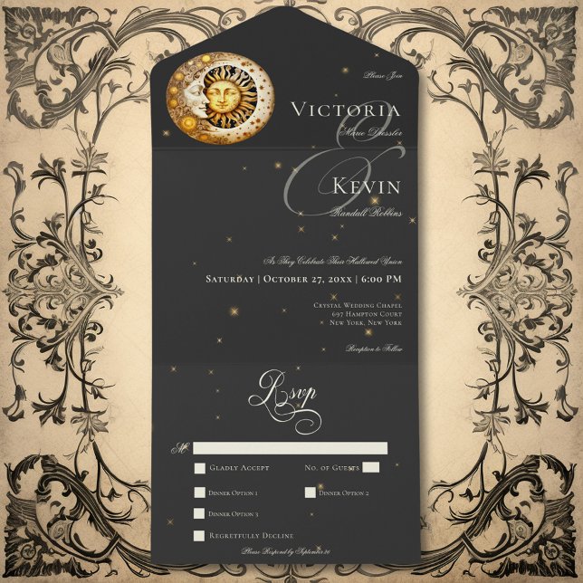 Escuros Moody Victorian Moon Sun Stars Jantam (Dark Moody Victorian Moon Sun Stars Dinner All In One Invitation)