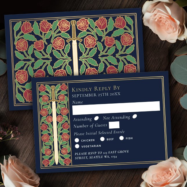 Espada Floral Medieval Azul Ouro RSVP de Casamento (Criador carregado)