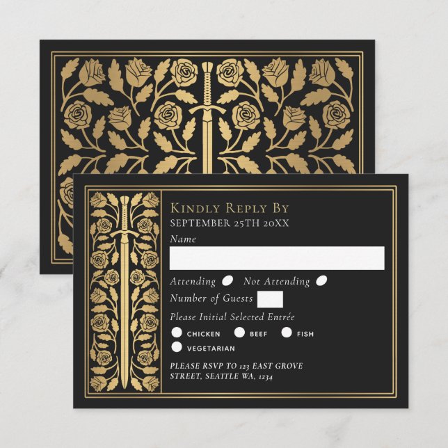 Espada Medieval Dourada Preta RSVP Casamento (Frente/Verso)