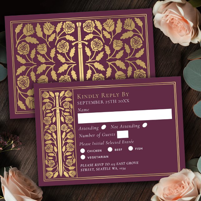 Espada Medieval Dourada Rosa Casamento RSVP (Criador carregado)