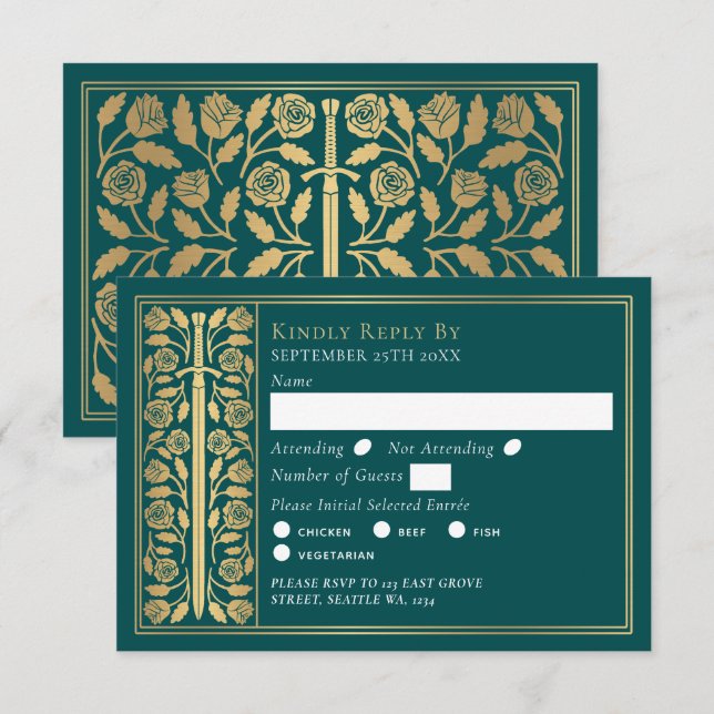 Espada Medieval Teal Dourada RSVP Casamento (Frente/Verso)