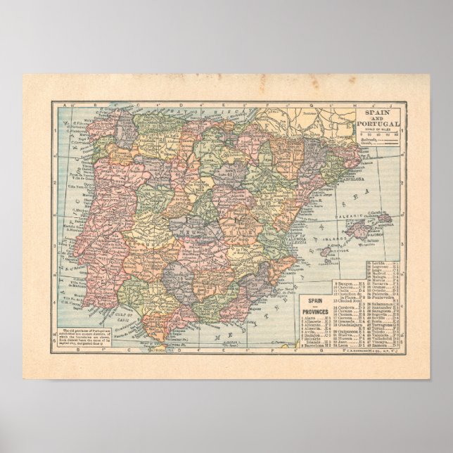 Espanha & Portugal Vintage 1923 Map Impressão (Frente)