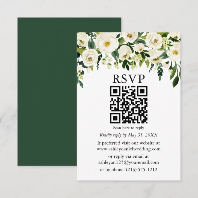 Especial - RSVP de Casamento QR Floral Branco Verd (Frente/Verso)