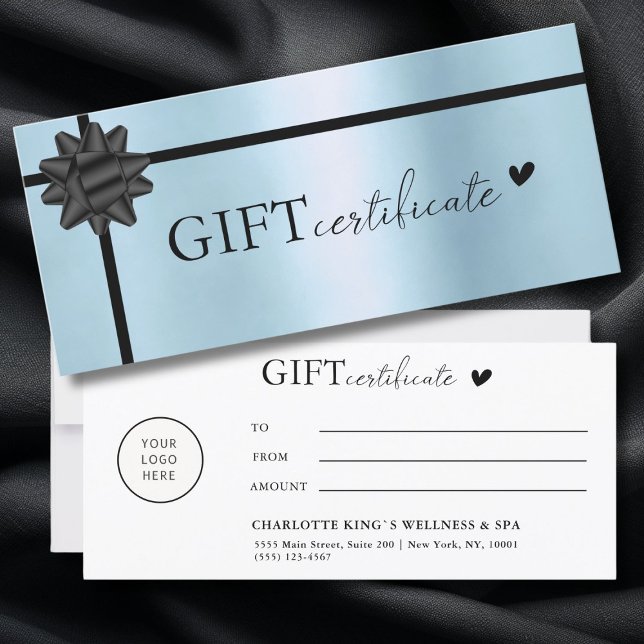 Específico do cliente, Certificado de oferta comer (Customer specific, Logo, Salon, Blue-Black, Ribbon, Business Gift Certificate.)