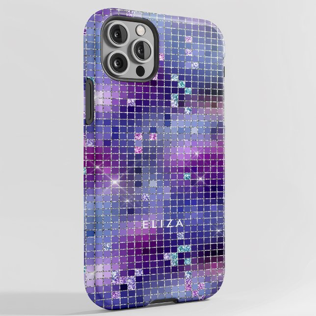 Espelho de Disco Azul e Rosa Retro | Monograma (A glam, dark purple pink and blue disco inspired phone case)