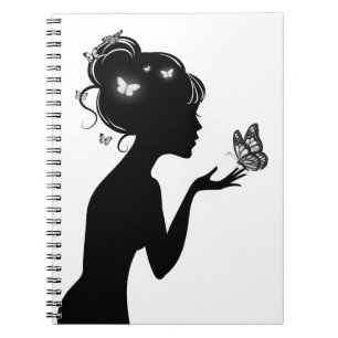 Espiral Caderno A mulher com borboletas preto e prata
