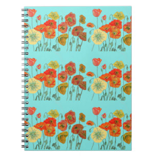 Espiral Caderno Aqua Flores Florais Papoula Laranja