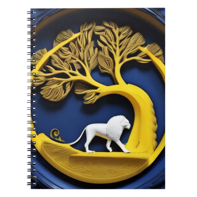 Espiral Caderno Árvore dourada emoldurando um leão branco (Frente)