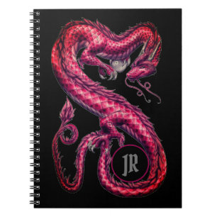 Espiral Caderno asiático vermelho Monogrammed do dragão