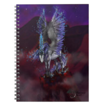 Caderno azul e branco voado ardor do unicórnio