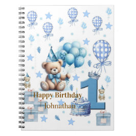 Espiral Caderno Azul Urso de Pelúcia Feliz 1º Aniversário