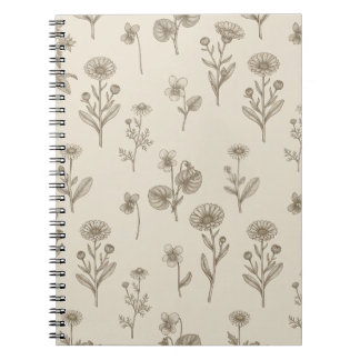 Espiral Caderno Botânico de Flores Silvestres Sépia Vintag
